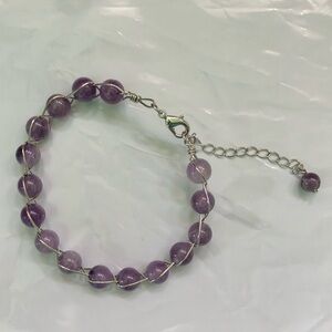 NWOT Adjustable Amethyst Crystal Bead and Silver Wire Wrap Bracelet